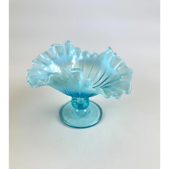 Vintage Fenton For LG Wright Blue Opalescent Beaded Footed Ruffled Edge Compote - Picture 8 of 14